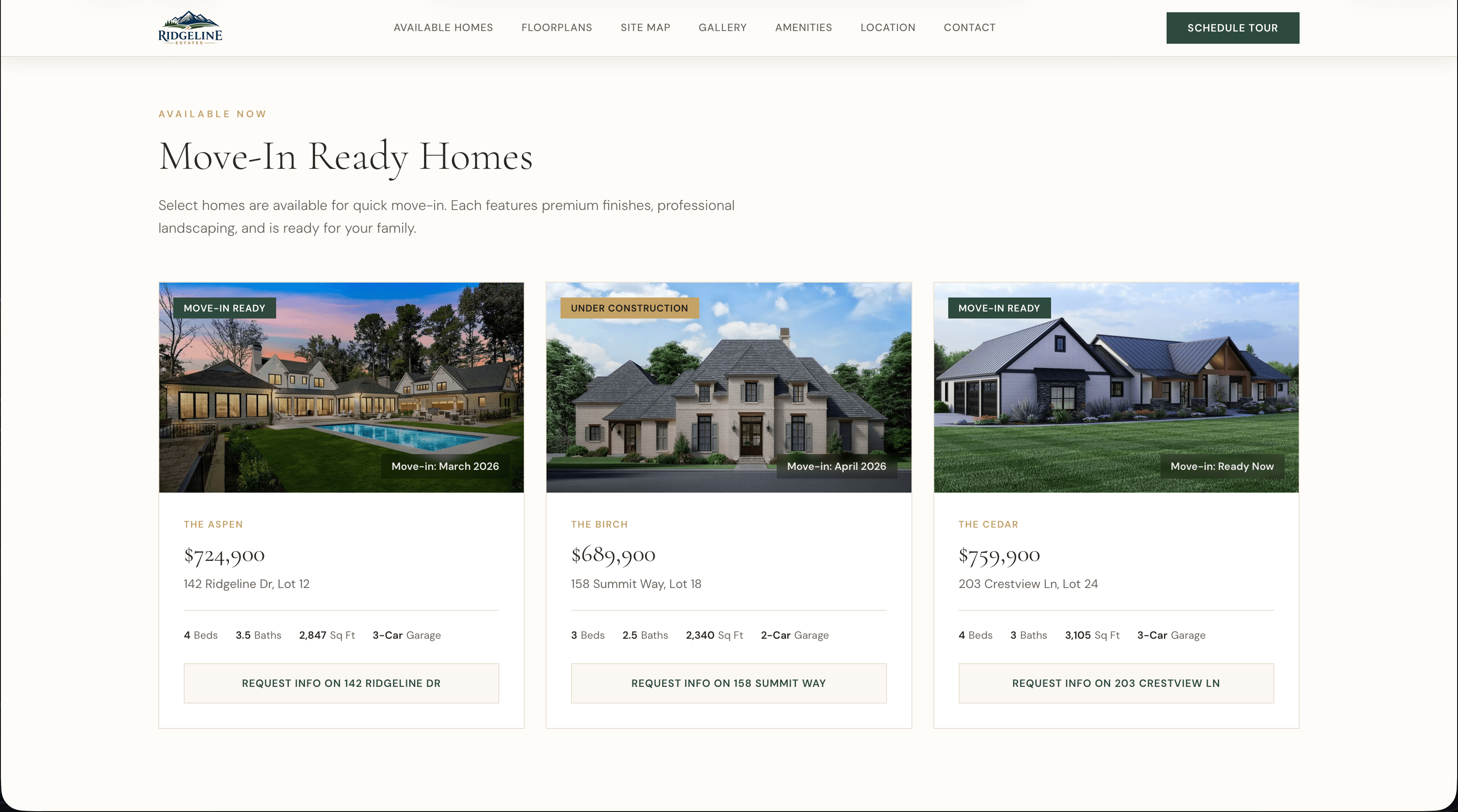 Ridgeline Estates demo — interactive community page with lot availability, floorplan comparison, and lead capture